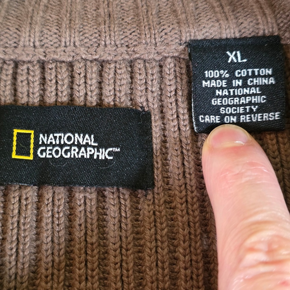 NATIONAL GEOGRAPHIC Men's XL Brown Cotton‎ Leather Chunky Ribbed Full Zip Vest - Picture 4 of 7